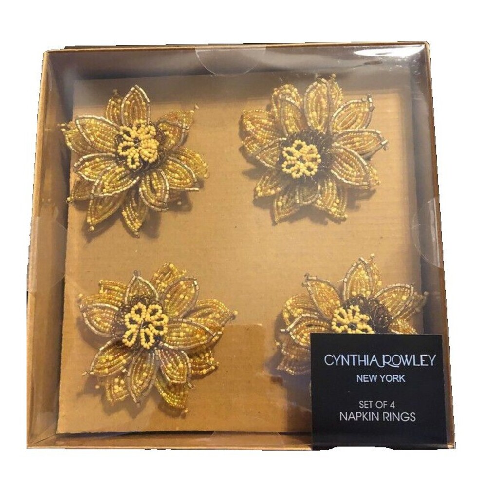 Cynthia Rowley Sunflower Beaded Napkin Rings Set of 4 Yellow Gold Thanksgiving
